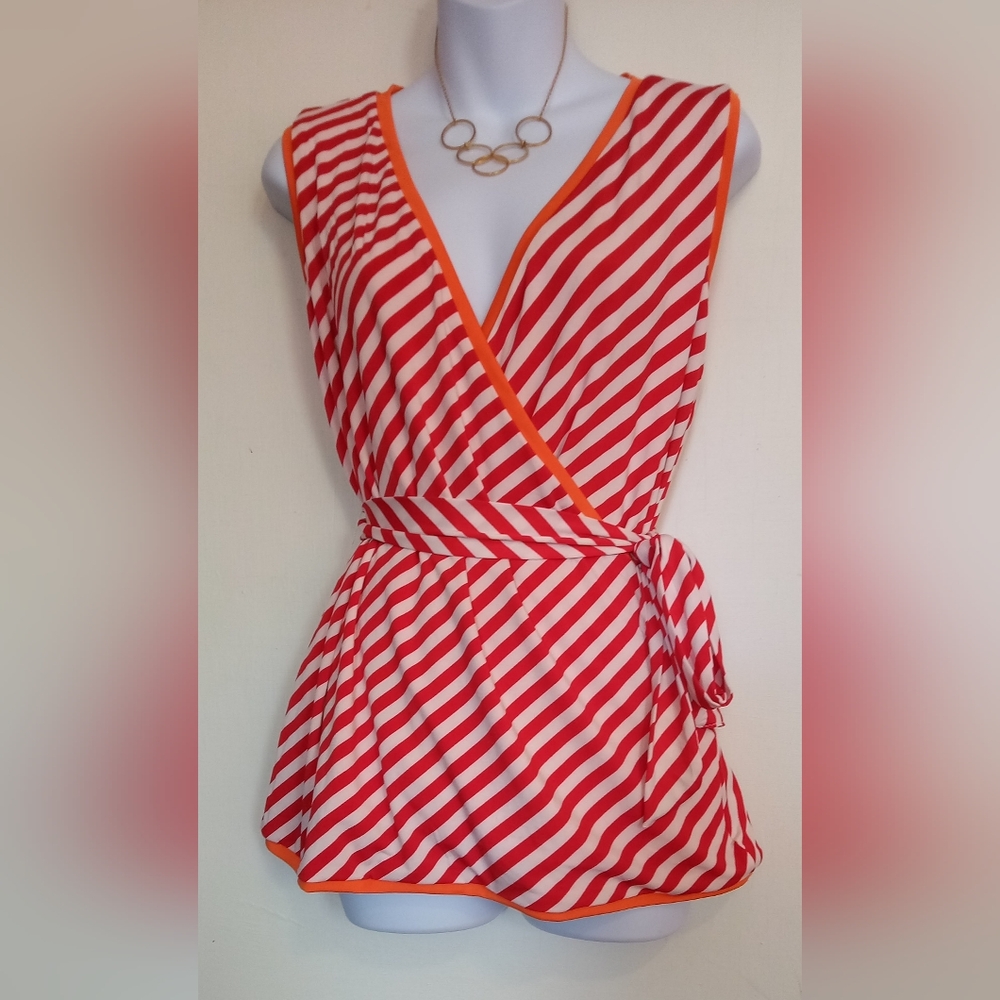 Serra Red and White Striped Wrap Tank with Orange Trim